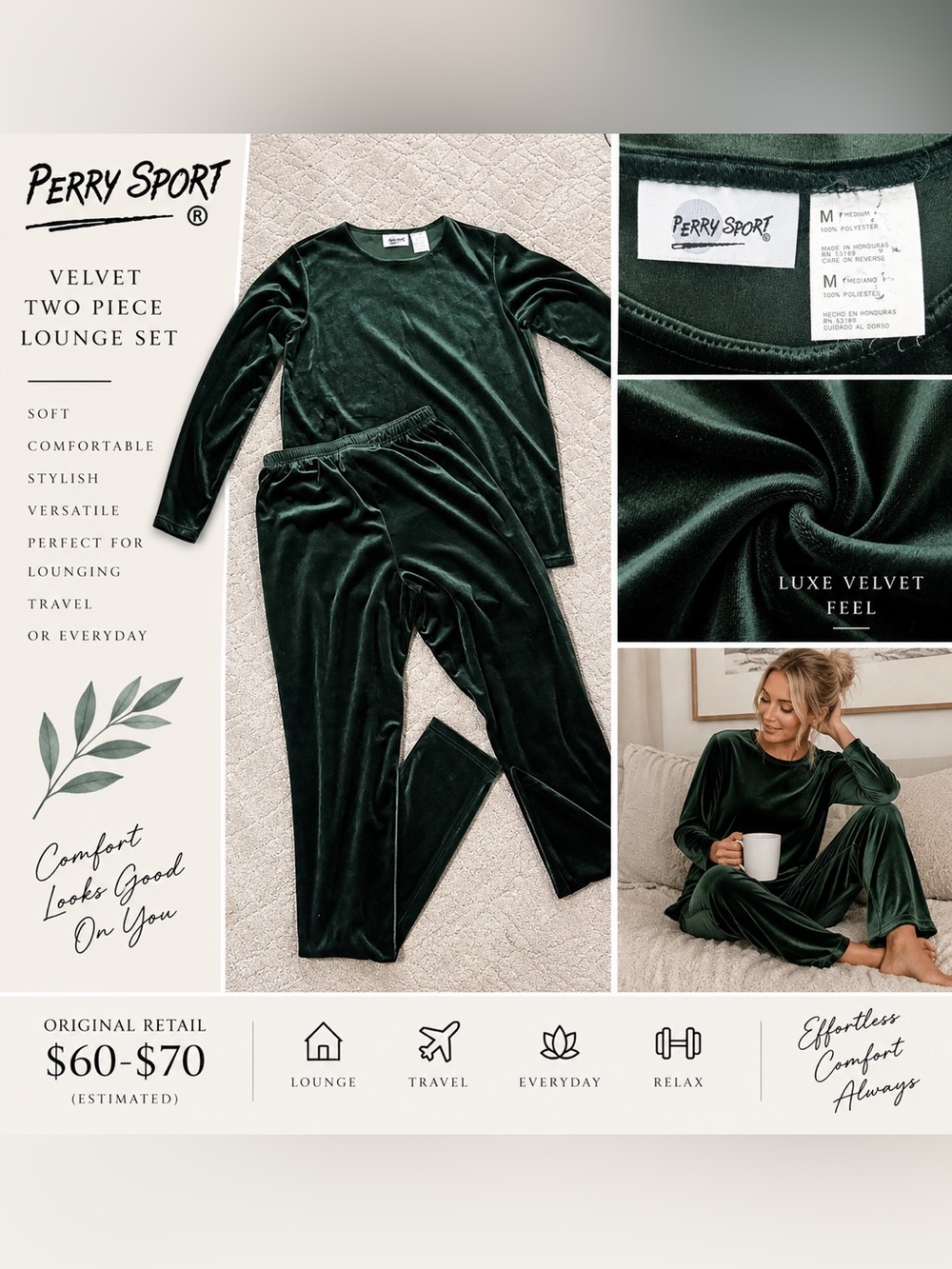 Vintage Perry Sport Forest Green Velvet 2-Piece Pants & Top Set Size M